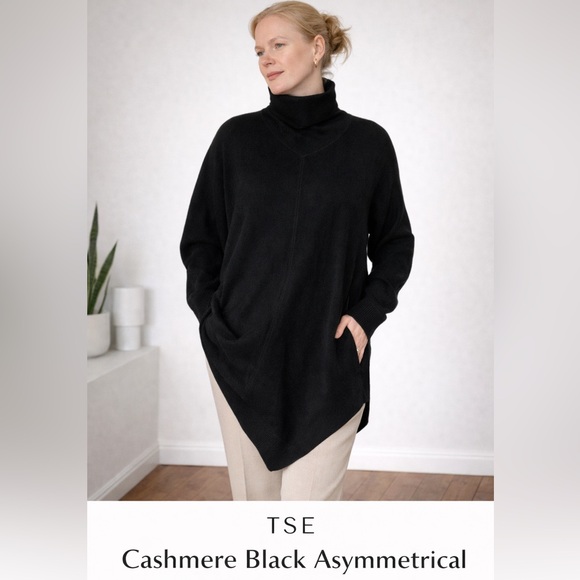 TSE Cashmere Black Asymmetrical Turtleneck Sweater 88% Cashmere 12% Silk Size S
